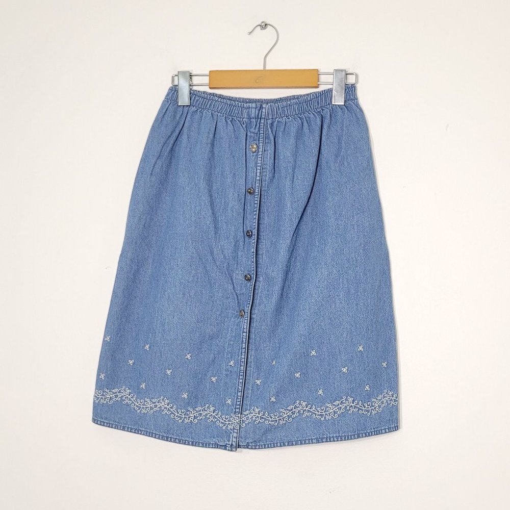 Vintage Denim Skirt 90's Style Embroidered Y2K Button Denim Blue Jean Mini Skirt